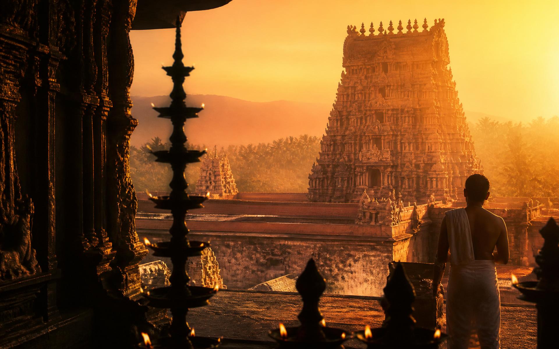 South Indian village temple gopuram at golden hour
